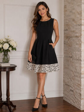 Closet Black Fit Flare Dress 12 Lace Hem Sleeveless Pleated Pockets Gold Zip